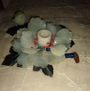 Vintage carved Jade Agate flower candle holder.